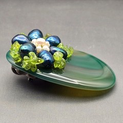 Vintage Green Banded Agate Brooch Pendant Pearl Floral YZ Yashgan Designer