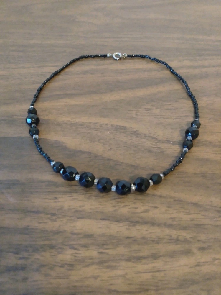 Vintage Black Crystal & Seed Bead Choker Necklace 15 in.