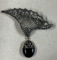 VTG Sterling Silver Marcasite Black Onyx Large Brooch