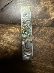 Vintage Silver or Alpaca Silver Tie Bar w/ Circle Pattern & Abalone Inlay, 2.5”