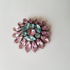 Vintage Pink and Blue Marquise Rhinestone Floral Brooch