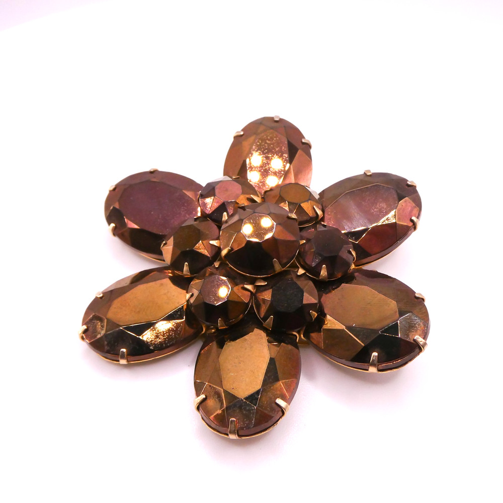 Vintage Brown Glass Rhinestone Gold Tone Flower Brooch Large 2.7″ Womens Mens