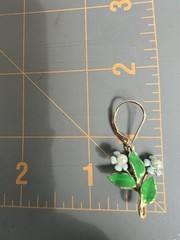 Vintage 14K Gold Overlay Enamel Pearl Blue Floral Leverback Dangle Earrings 1.5”