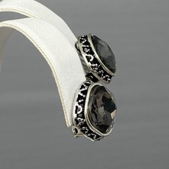 Smoky Gray Glass Rhinestone Stud Earrings Clip On Silver Tone Geometric Edge .75