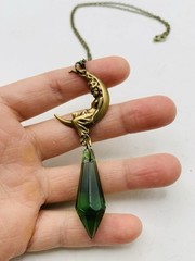 Vintage Art Nouveau Style Bronze Crescent Moon Goddess Green Drop-down Necklace