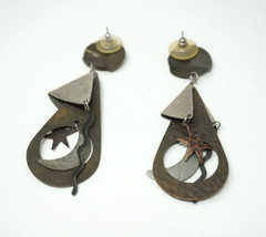 Vintage Brutalist Hammered Abstract Two-tone Statement Earrings Moon Star Drop