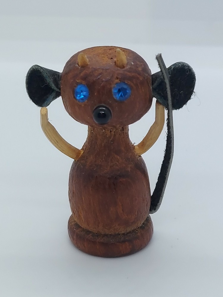 Vintage Miniature Wood Leather Devil Mouse ? Blue Crystal Eye Pin Brooch