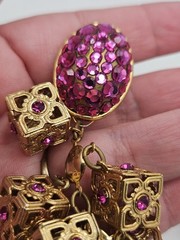 As Is Repair Vintage Retro Goldntone Pink Crystals Dangle Clip On Earrings
