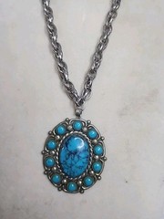 Vintage Bell Trading Post 1970s Nickel Silver Turquoise Pendant Necklace 25″