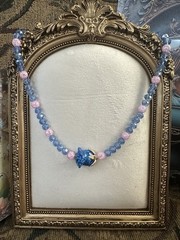 Crystal Glass Rose Necklace Faceted AB & Crackle Glass Beads Tagged By Maker