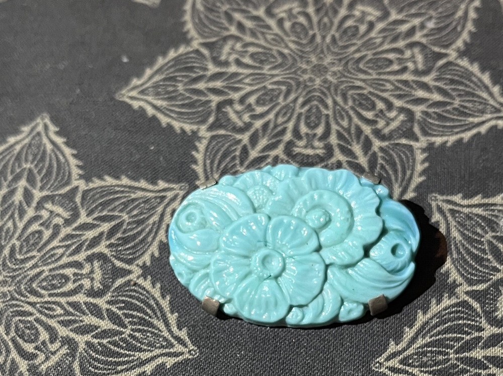 Antique Made In France Brooch Pale Blue Floral Trombone Style Pin Back