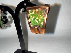 Vintage MATISSE Earrings Bronze Frame Green Inset Speckled Clip On Jewelry