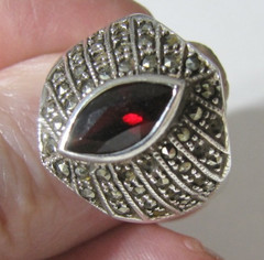 Sterling Silver Garnet Marcasite Ring Red Marquise Stone Missing Marcasites CW