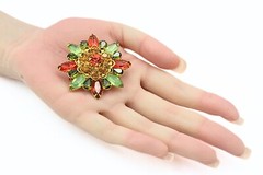 Spectacular Vintage Green Orange Navette Tri-Color Rhinestones Glass Brooch