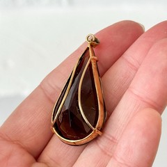 Vtg Smoky Quartz Glass Teardrop Pendant Screw Back Earrings Sterling Gold Plated