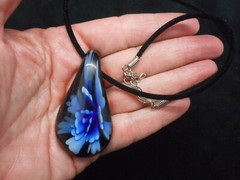 Vintage Contemporary Black Cord w/Art Glass Blue Stylized Flower Necklace
