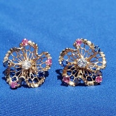 Original EARTH MINED DIAMOND Sapphire Ruby Deco Earrings Vintage SOLID 14K GOLD