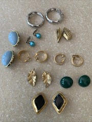 Costume Jewelry Vintage Clip On Earrings Stones Gold & Silver Tone 14 Pairs