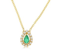 .34CT DIAMOND & AAA EMERALD 14KT YELLOW GOLD 3D PEAR SHAPE & ROUND LOVE NECKLACE
