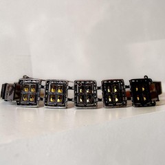 Vintage Smoky Gray Glass Panel Bracelet Pink Rhinestones Gothic Art Deco Style