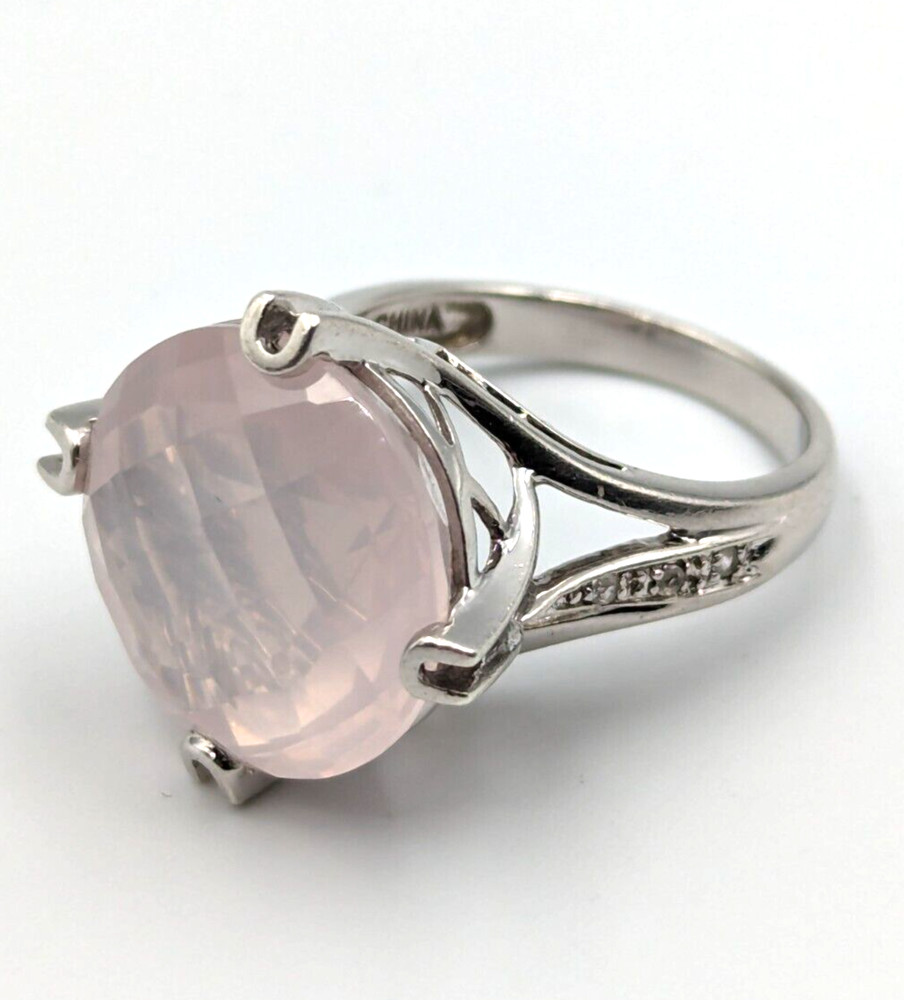 Sterling Silver 925 Checkerboard Cut Pink Chalcedony Clear Topaz Ring Sz 6