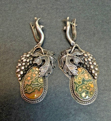 Mid Century Art Sterling SIlver Dangle Earrings Orbicular Jasper Grapevine Lever