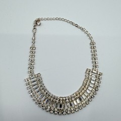 Vintage Mid Century Clear Rhinestone Baguette Choker Necklace Silver Tone Wide