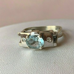 VINTAGE 14K WHITE GOLD AQUAMARINE DIAMOND RING MODERNIST DESIGNER SETTING ITALY