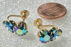 Vintage Purple Blue Aurora Borealis Rhinestones Brass Screw Back Earrings