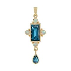 Art Deco Style Lab Created Blue Topaz Diamond Wedding Pendant 14k Yellow Gold FN