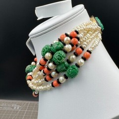 Kenneth Jay Lane KJL 6 Strand Asian Style Faux Pearl Jade Onyx Necklace