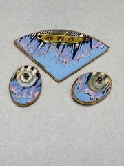 Modernist Ceramic Brooch Earrings Set Abstract Art Design Vintage