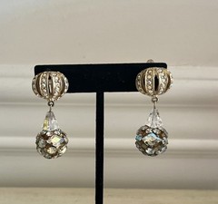 Vintage Aurora Borealis Crown Cage Ball Drop Gold Chandelier Clip On Earrings