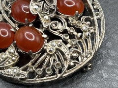 Vintage Art Deco Ornate Filigree Brooch Faux Carnelian Cabochon Silver Tone