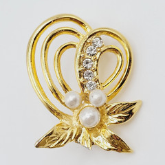 Heart Modernist Abstract Faux Pearl Rhinestone Open Metal Gold Tone Brooch Pin