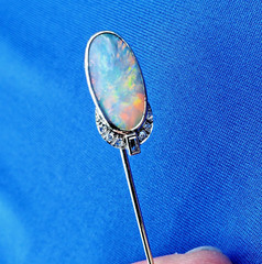 Original EARTH MINED Australian Black OPAL Art Deco DIAMOND Pin Antique PLATINUM