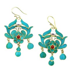 Chinese Antique Earrings Cloisonne Hook Earrings Long Tassels Gilt Pearls Jewels