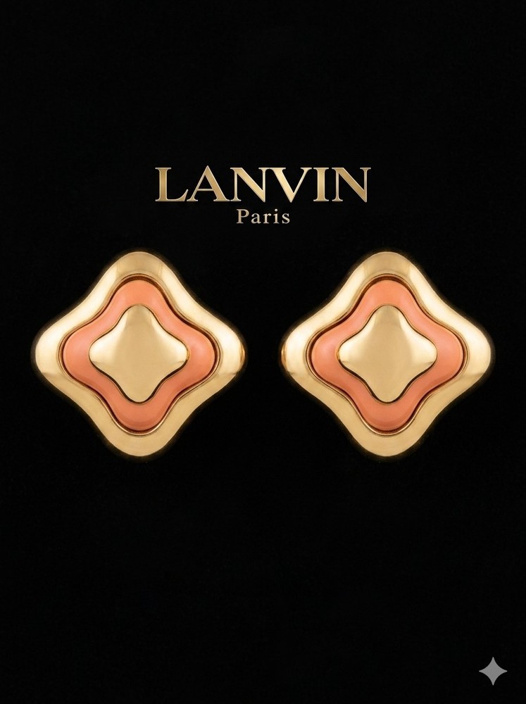 LANVIN VTG EARRINGS CORAL GOLD PLATED CLIP-ON TAILORED TRE’ ELEGANT