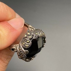Vintage Art Deco Faceted Black Sterling Silver Marcasite Ring Size 8.25