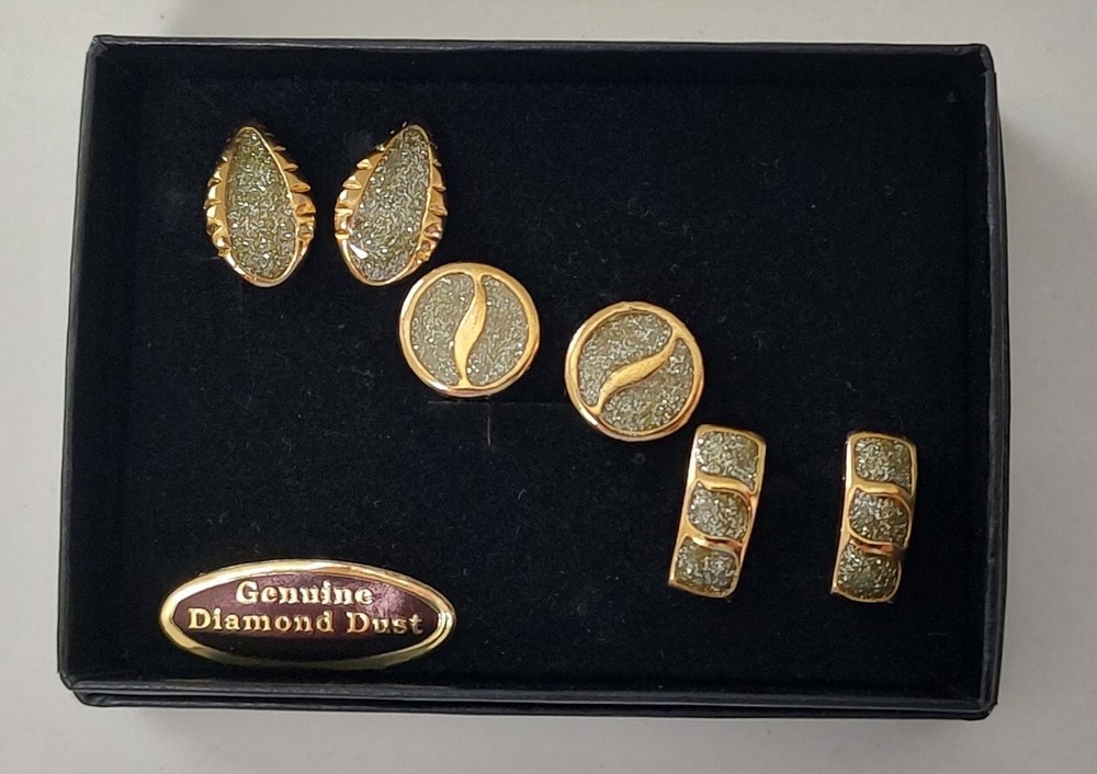 Evan St Clair 3 Pairs Clip On Earrings Gold Tone Genuine Diamond Dust MCM Modern