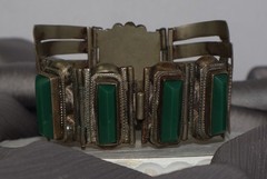 Vintage Mexico Sterling Silver Green Onyx Aztec Warrior Bracelet 60.8G/6.25in