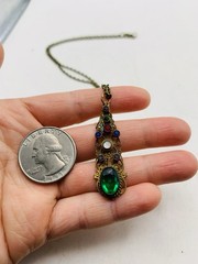 Vintage Gothic Green Colorful Rhinestone Filigree Cutout Bronze Tone Necklace