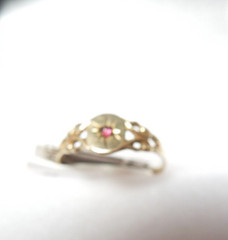 Antique Tiny 10k Yellow Gold Filigree Ruby Crystal Accent Child Ring Size 0.5