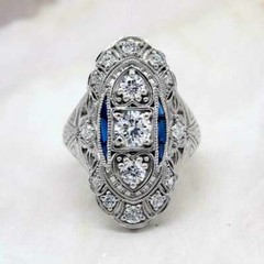 Art Deco Style Lab-Created Diamond & Sapphire Engagement Ring 14K White Gold FN