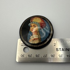 Vintage Russian Black Lacquer Brooch Beautiful Blue Eyed Lady Pin 1.75”