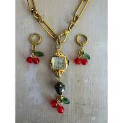 Victorian Raw Brass Necklace w/ Vintage Watch & Cherry Earrings Set