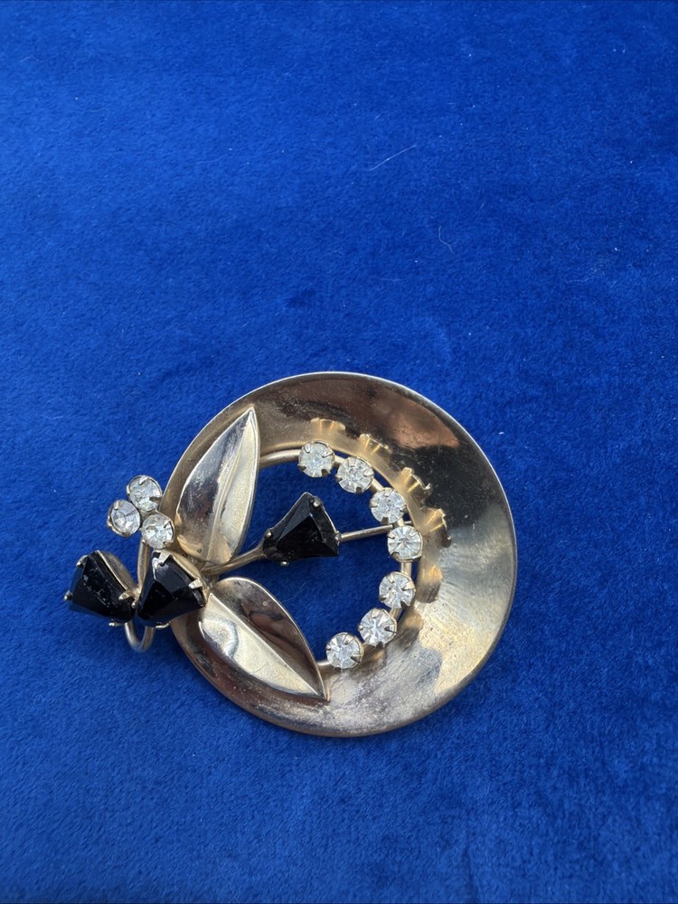 Vtg. Gold tone Brooch/ Black Glass/Clear Rhinestones, 2”