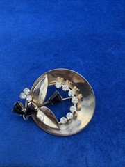 Vtg. Gold tone Brooch/ Black Glass/Clear Rhinestones, 2”