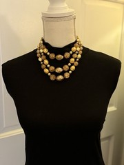 Japan Choker Necklace w/ Faux Pearl Crackled Lucite Gold Tan Yellow