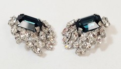 Vintage Schreiner Earrings Blue Rectangle Clear Rhinestones Gorgeous!